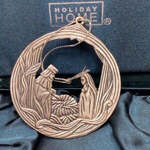 Vintage Pewter Nativity Tree Ornament Mary, Joseph, Baby Jesus Holiday Home Box